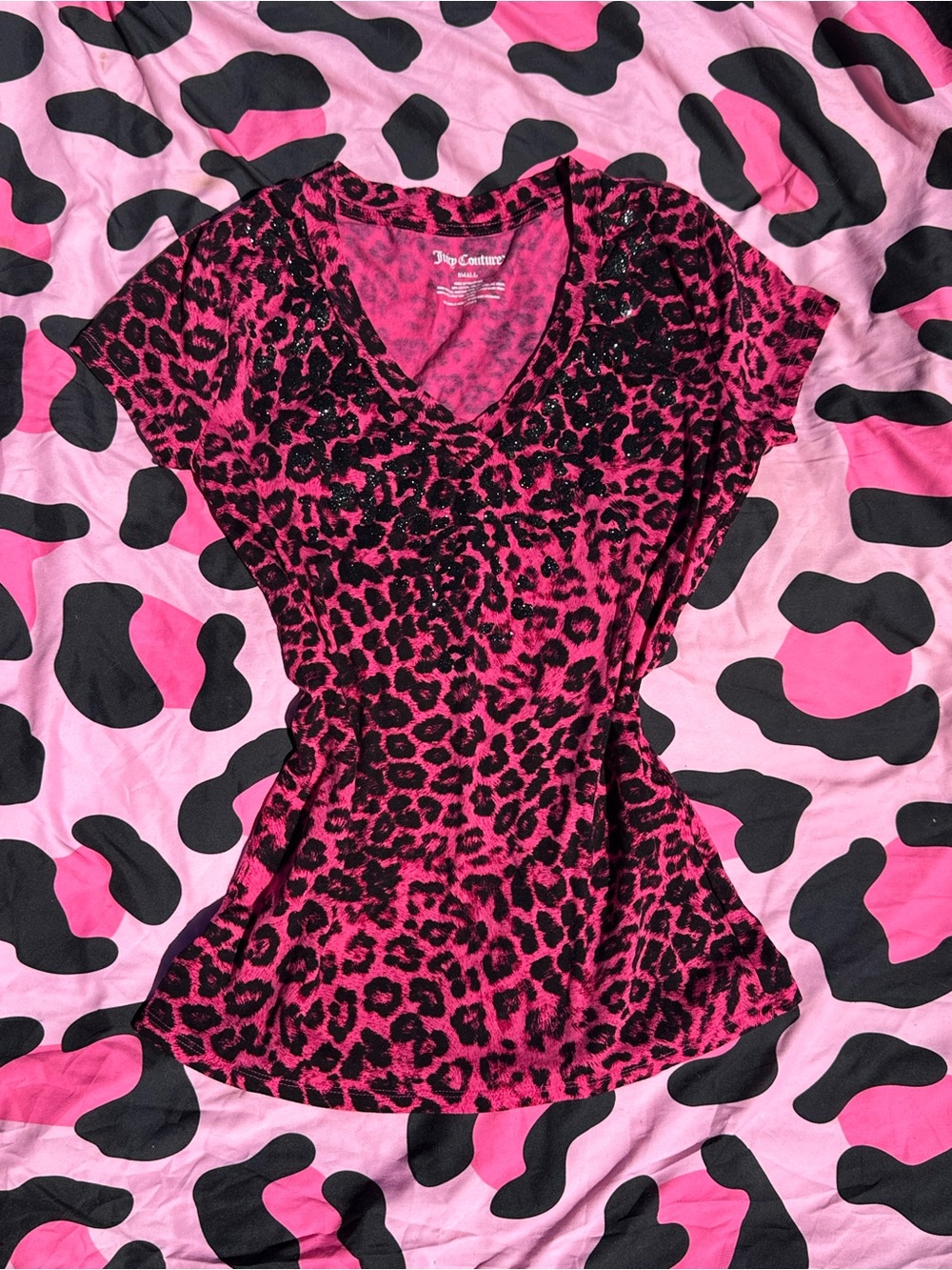 Juicy Couture Hot Pink & Black Leopard Print Short Sleeve Tee